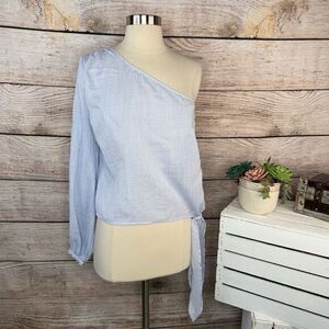 L'Academie The Romantic Sleeve One Shoulder Blouse Pinstripe Blue‎ White Small
